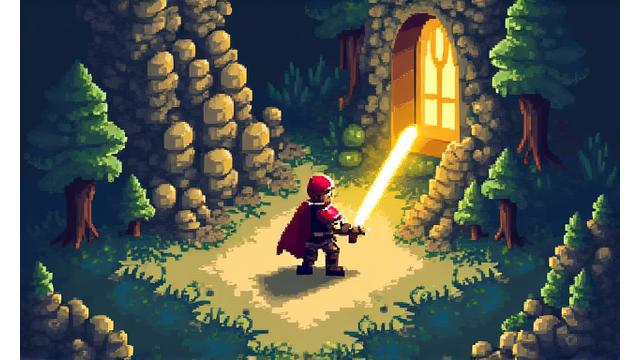 ピクセルアートの風景、勇敢な8ビットヒーローが剣を持っている。