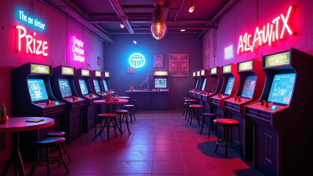 星空アーケードカフェでのプライベートパーティーのセットアップ。ネオンライトとアーケードゲームが特徴。