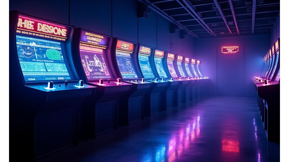 光るアーケードゲーム台が並ぶ様子