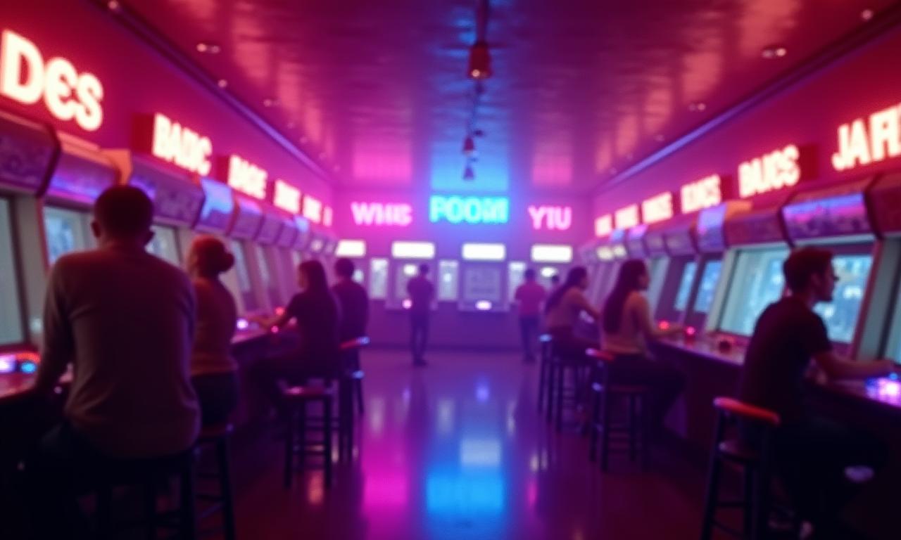 星空アーケードカフェの活気ある店内、ネオンライトとアーケードゲーム